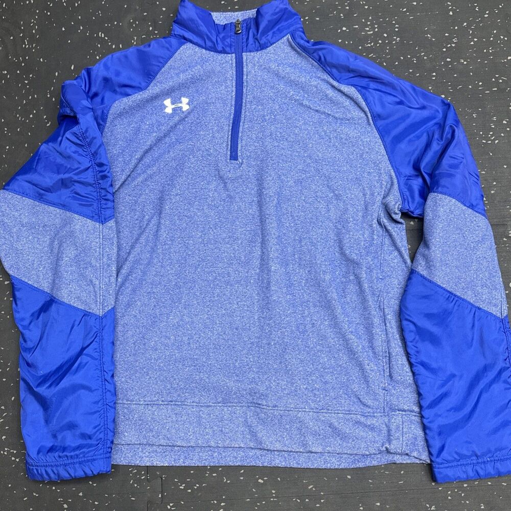 Under armour collared quarter zip front logo pull over sweater dual blue  Mens L